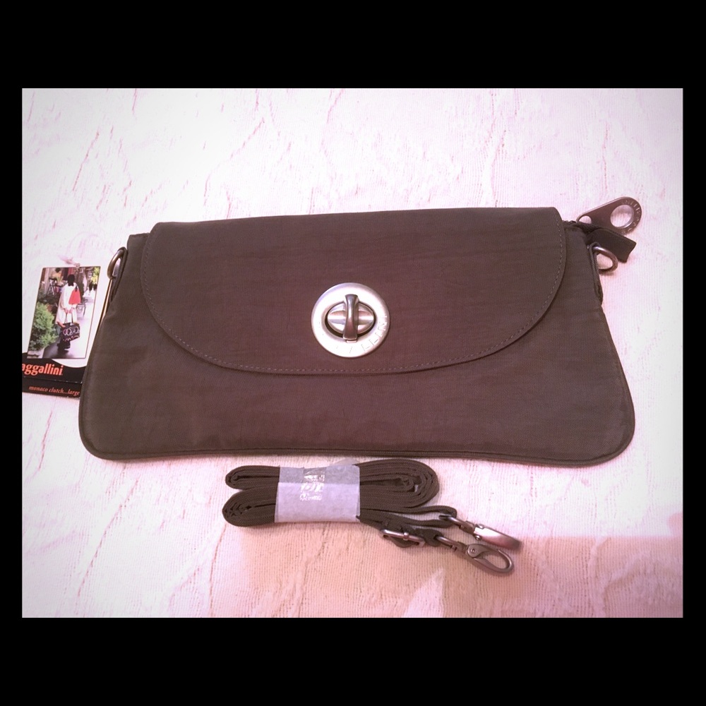 BAGGALLINI BROWN MONACO CROSSBODY CLUTCH PURSE DETACHABLE STRAP TURN LOCK CLOSE